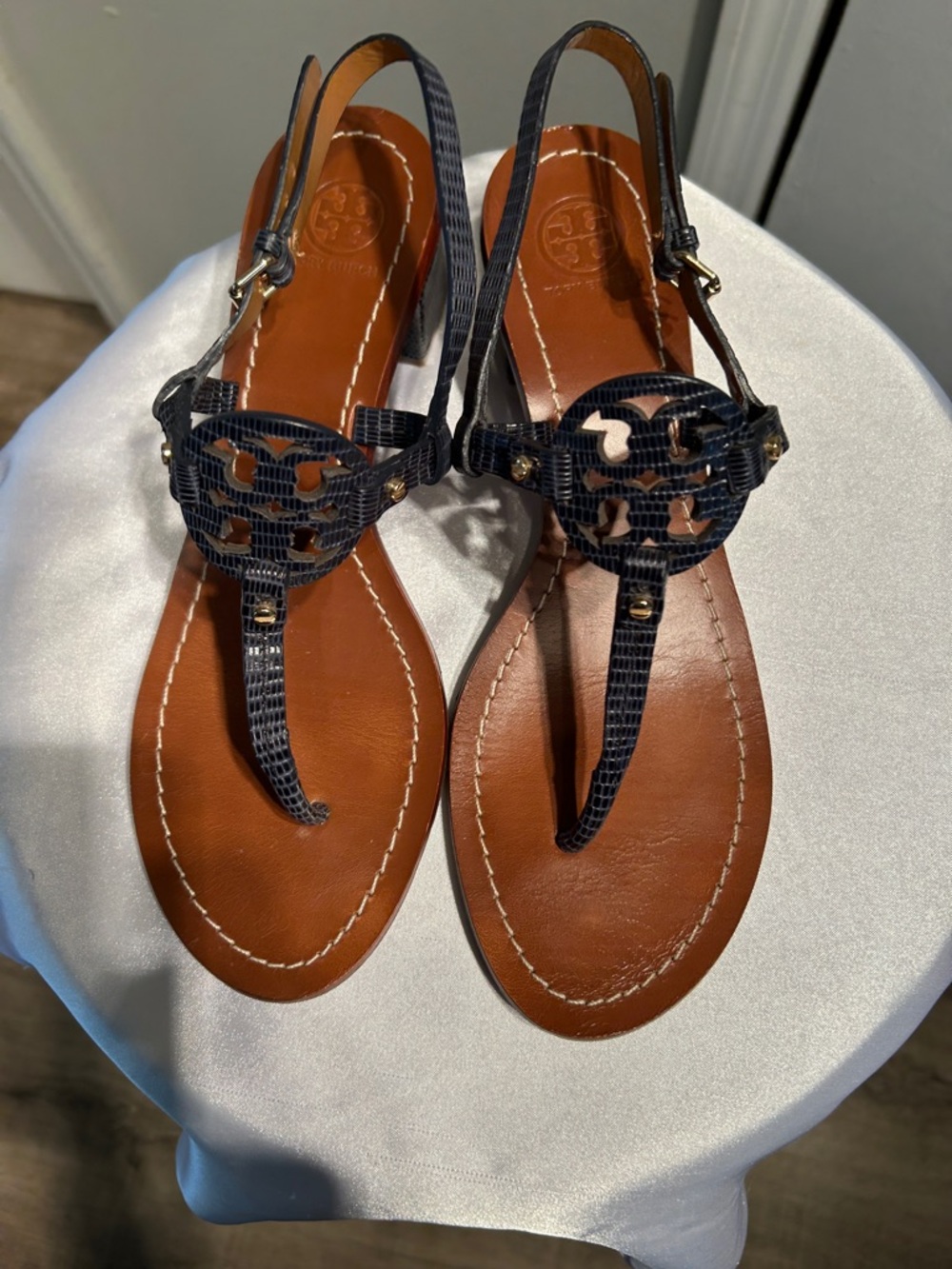 Tory Burch Navy and Tan Miller Thong Sandals